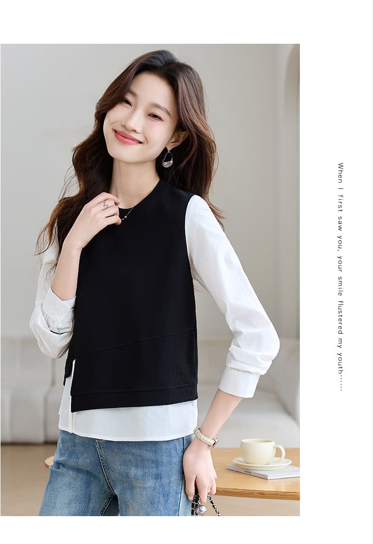 실사 디자인 센스 작은 대중 페이크 레이어드 니트 패치워크 셔츠 여성 긴 소매 2026 가을 풀오버 프랑스식 상세 이미지 6