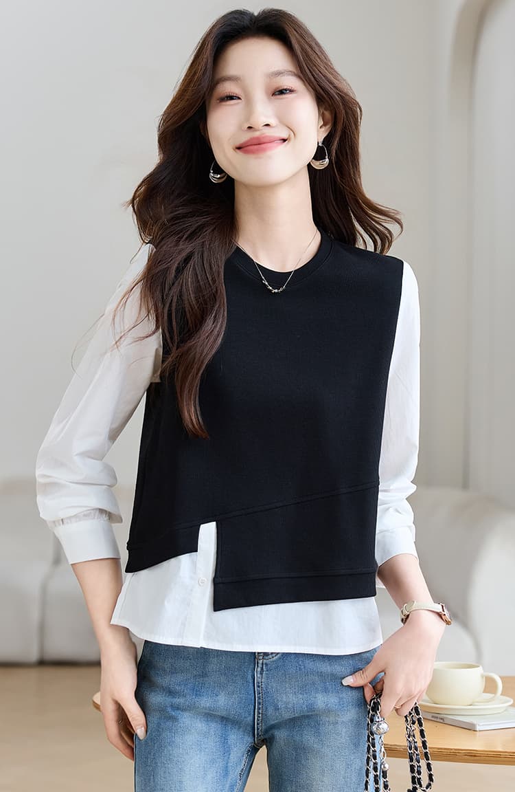 실사 디자인 센스 작은 대중 페이크 레이어드 니트 패치워크 셔츠 여성 긴 소매 2026 가을 풀오버 프랑스식 상세 이미지 8