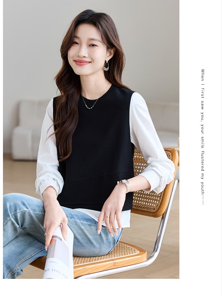 실사 디자인 센스 작은 대중 페이크 레이어드 니트 패치워크 셔츠 여성 긴 소매 2026 가을 풀오버 프랑스식 상세 이미지 10