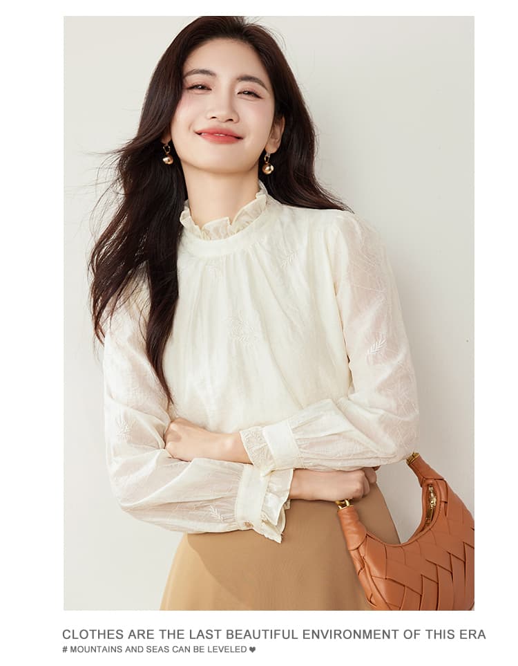 실사 레이스 쉬폰 블라우스 맨위 여성 2026 가을 의상 새로운 무거운 작업 자수 풀오버 살구 색상 프랑스식 맨위 상세 이미지 11