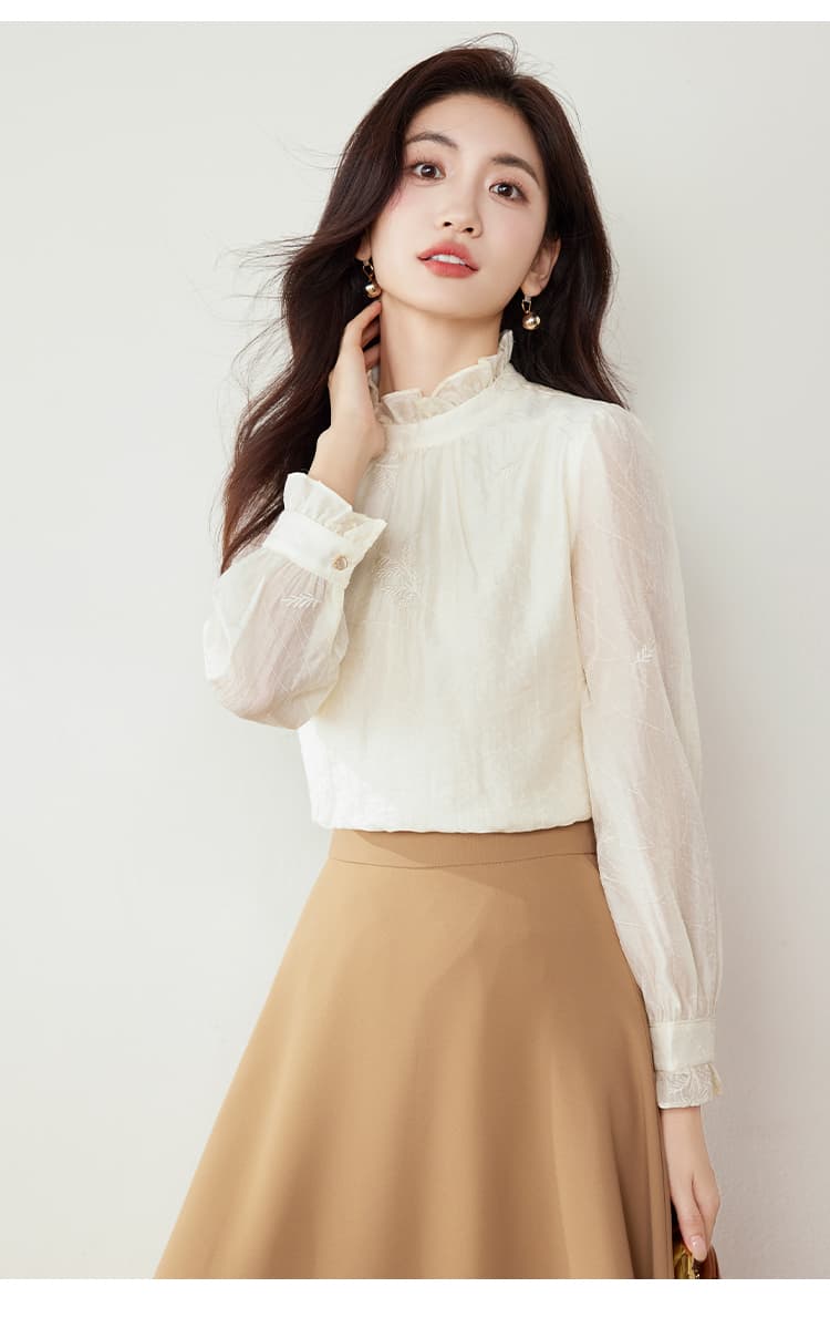 실사 레이스 쉬폰 블라우스 맨위 여성 2026 가을 의상 새로운 무거운 작업 자수 풀오버 살구 색상 프랑스식 맨위 상세 이미지 12