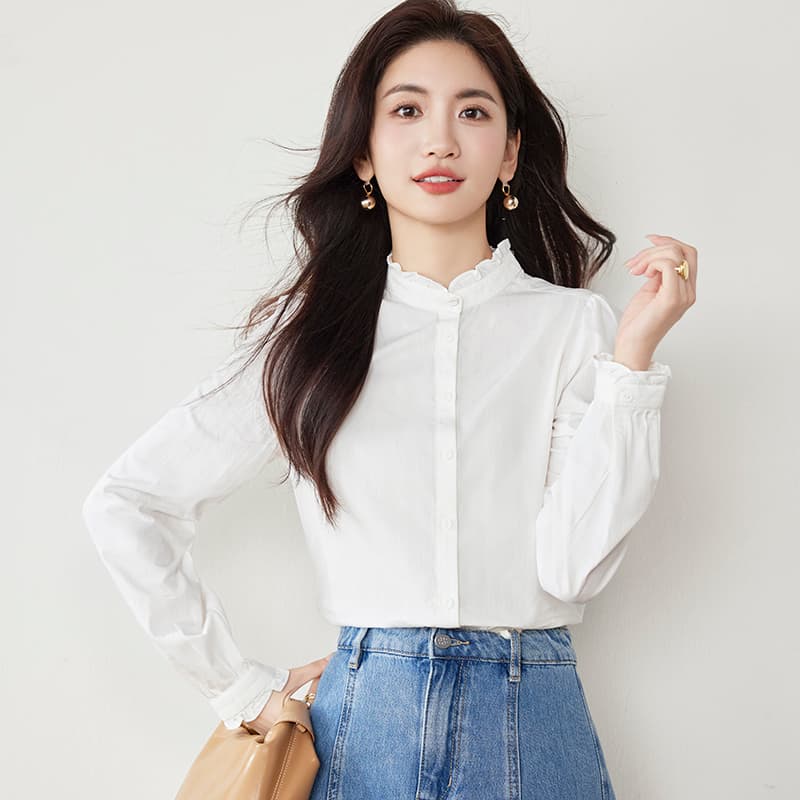 실사 화이트 순면 여성 셔츠 2026 가을 의상 새로운 스탠드 칼라 레이스 긴팔 품격 다용도 작은 셔츠 이미지 4