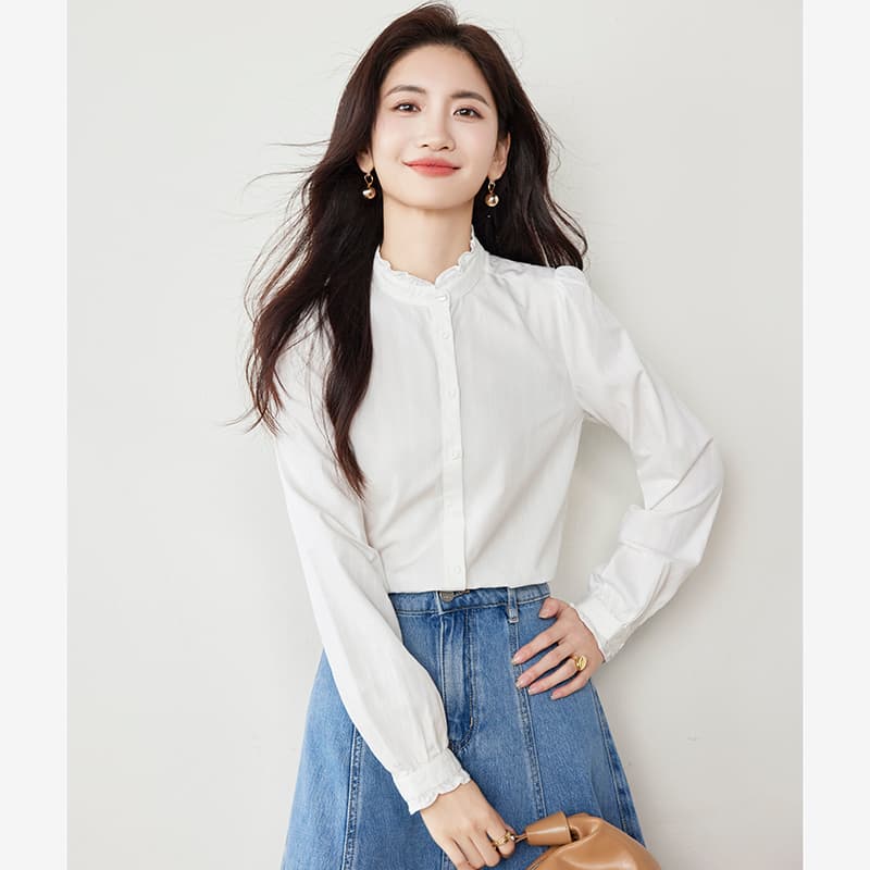 실사 화이트 순면 여성 셔츠 2026 가을 의상 새로운 스탠드 칼라 레이스 긴팔 품격 다용도 작은 셔츠