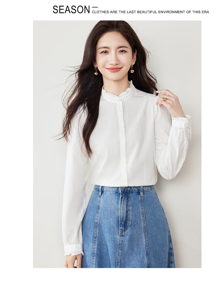 실사 화이트 순면 여성 셔츠 2026 가을 의상 새로운 스탠드 칼라 레이스 긴팔 품격 다용도 작은 셔츠 상세 이미지 7