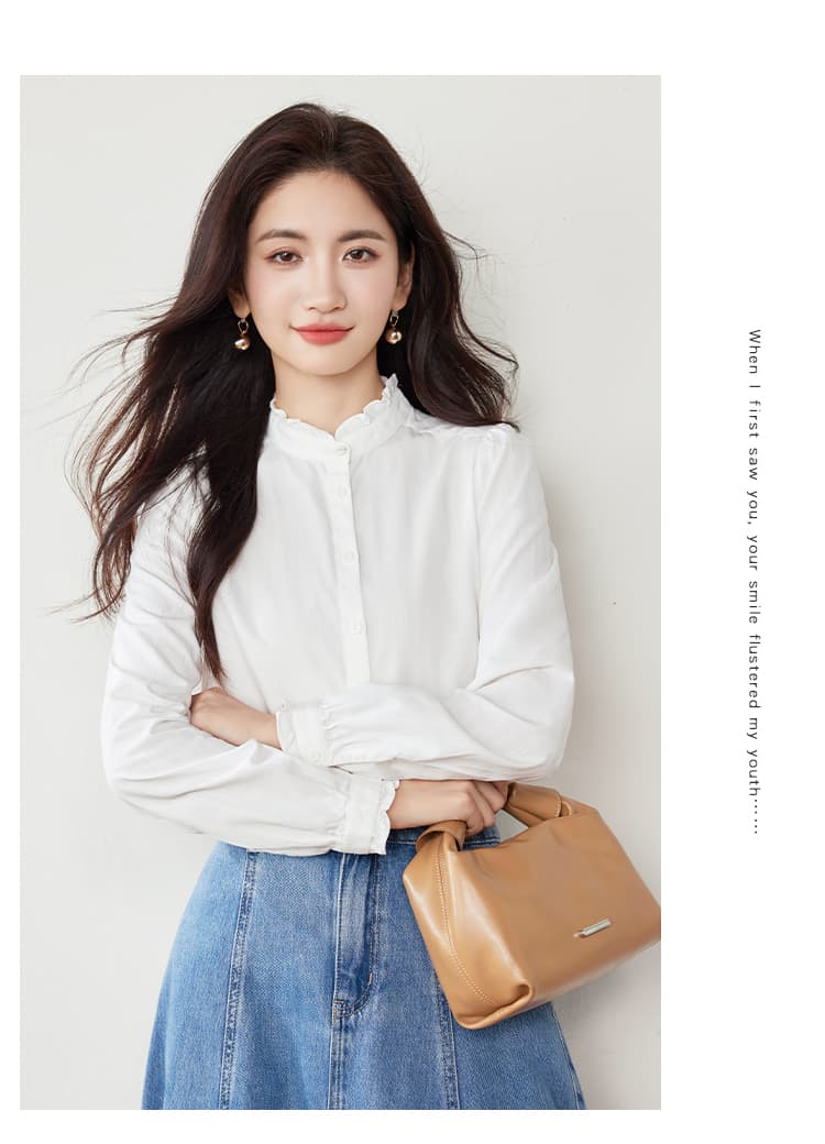 실사 화이트 순면 여성 셔츠 2026 가을 의상 새로운 스탠드 칼라 레이스 긴팔 품격 다용도 작은 셔츠 상세 이미지 8