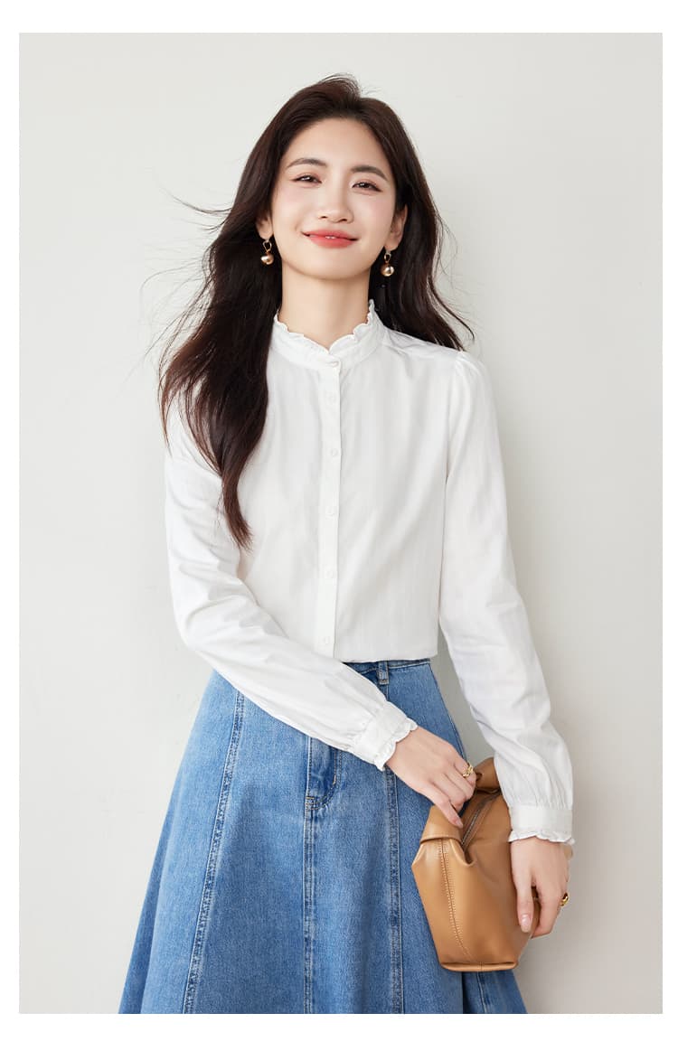 실사 화이트 순면 여성 셔츠 2026 가을 의상 새로운 스탠드 칼라 레이스 긴팔 품격 다용도 작은 셔츠 상세 이미지 9