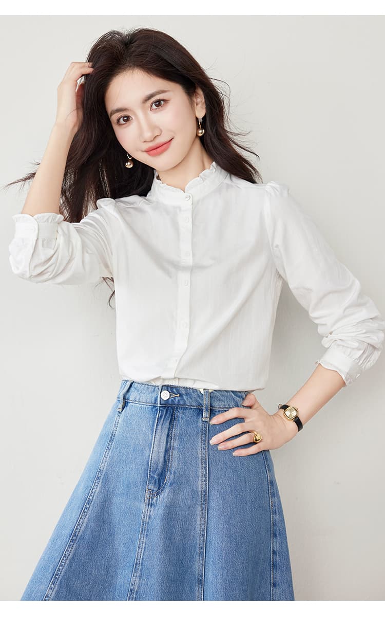 실사 화이트 순면 여성 셔츠 2026 가을 의상 새로운 스탠드 칼라 레이스 긴팔 품격 다용도 작은 셔츠 상세 이미지 13