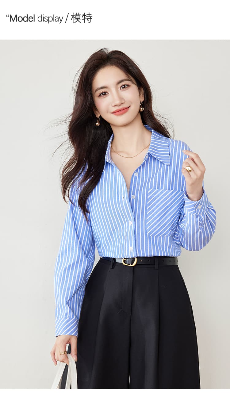 실사 파란색 스트라이프 여성 셔츠 2026 가을 의상 새로운 디자인 센스 루즈핏 슬림해 보이는 품격 맨위 상세 이미지 6
