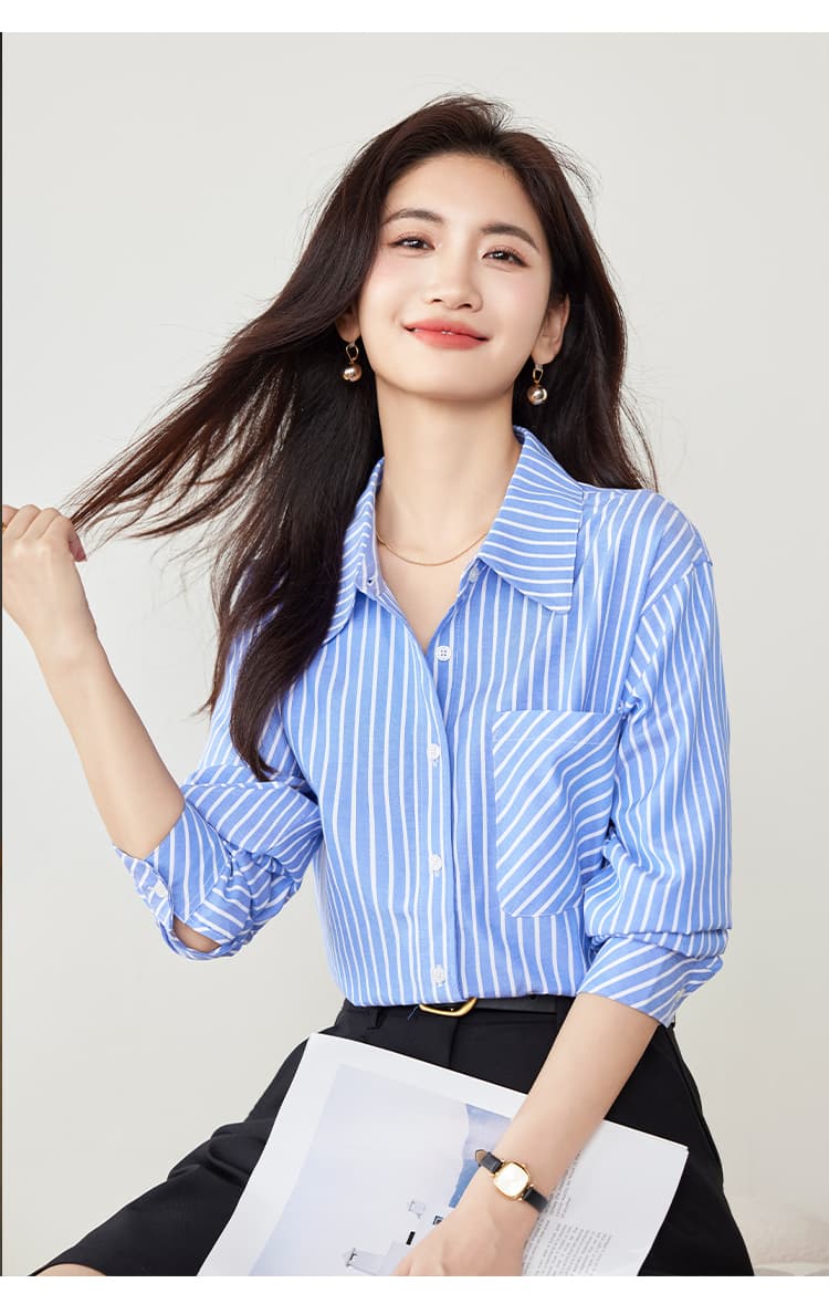 실사 파란색 스트라이프 여성 셔츠 2026 가을 의상 새로운 디자인 센스 루즈핏 슬림해 보이는 품격 맨위 상세 이미지 10