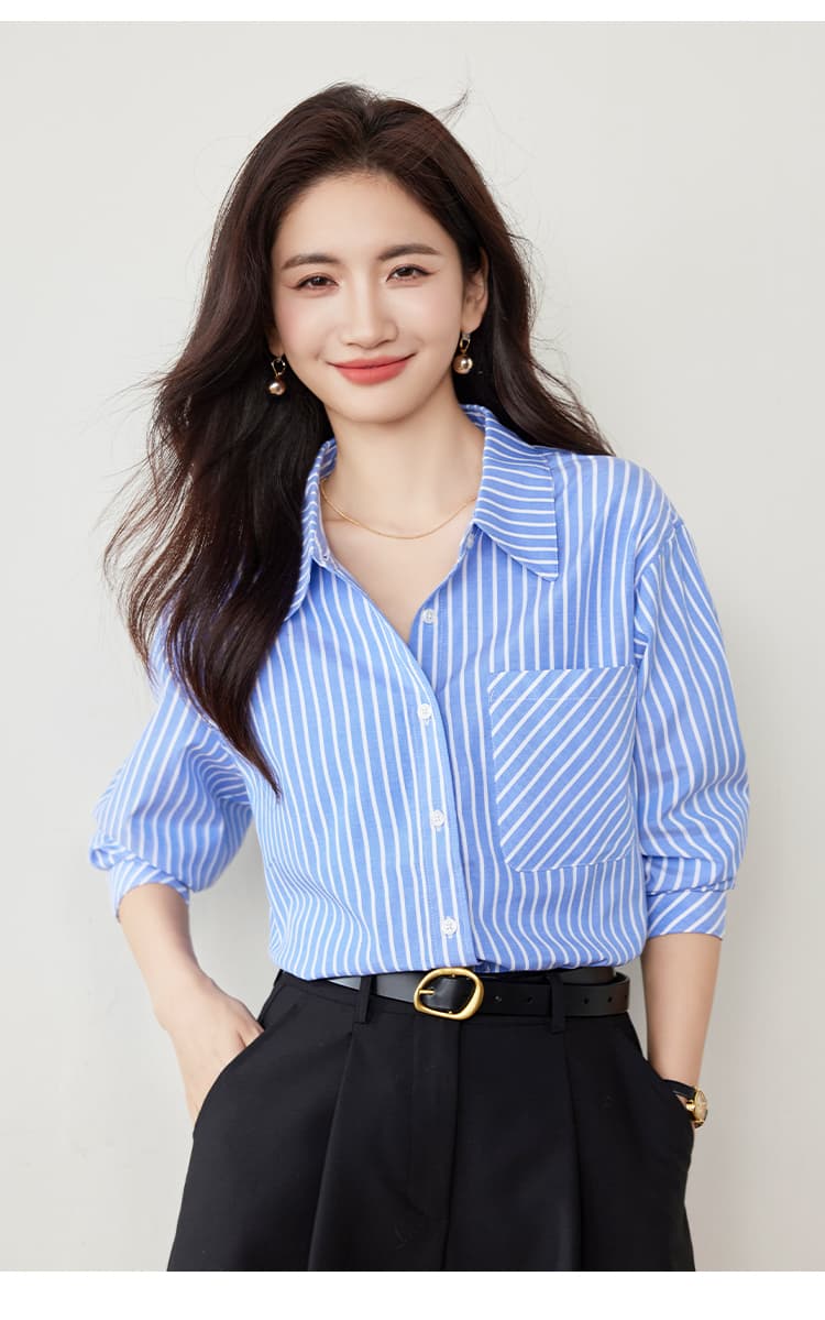 실사 파란색 스트라이프 여성 셔츠 2026 가을 의상 새로운 디자인 센스 루즈핏 슬림해 보이는 품격 맨위 상세 이미지 12