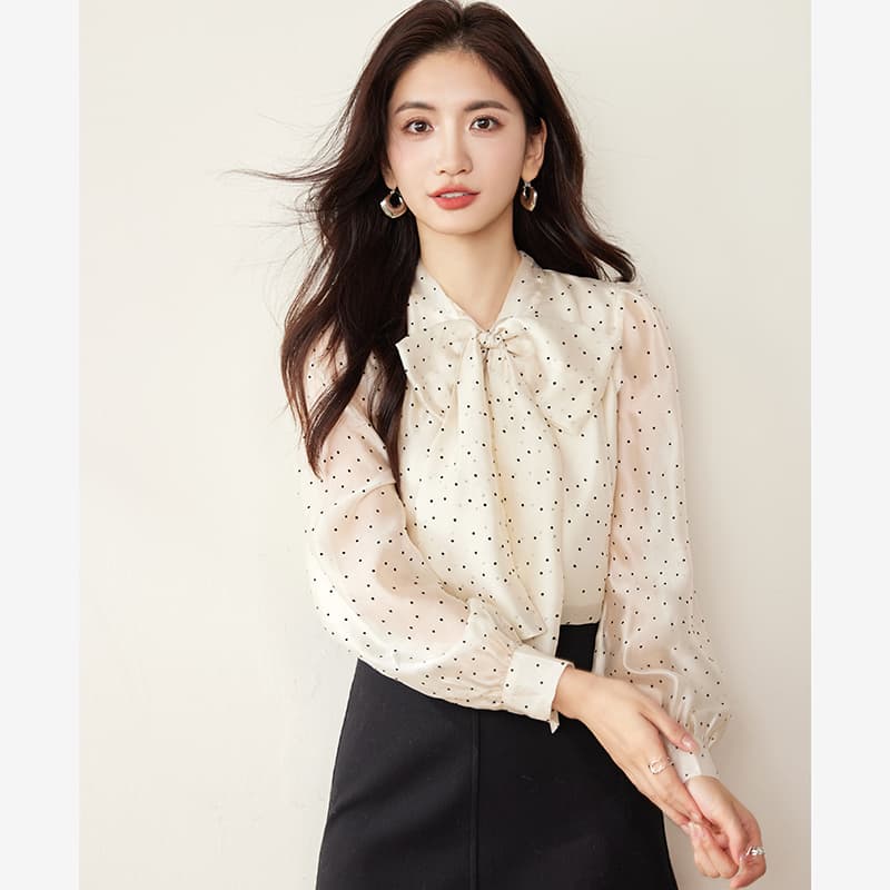 실사 2569 프랑스식 레트로 도트 무늬 리본 여성 셔츠 2026 가을 의상 새로운 패션 나비 매듭 쉬폰 긴팔 이미지 4