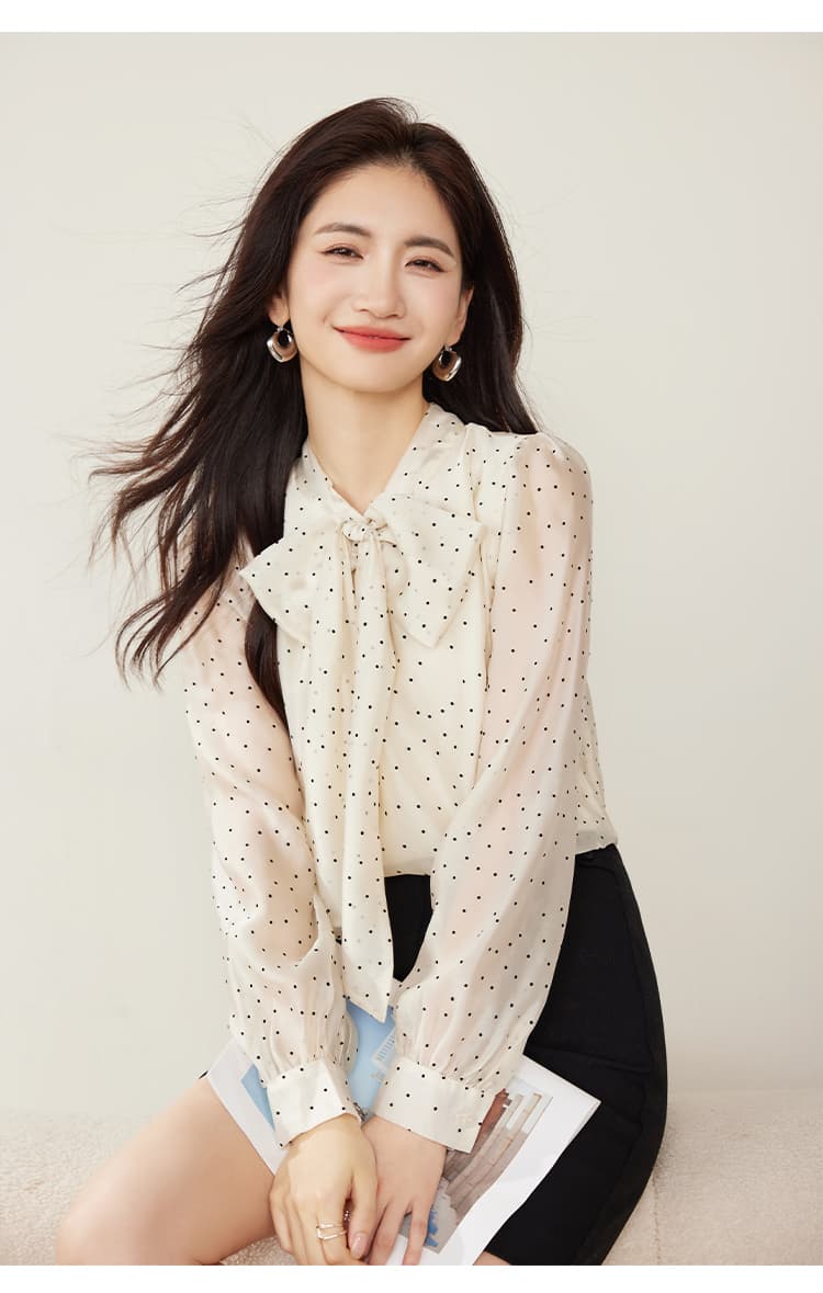 실사 2569 프랑스식 레트로 도트 무늬 리본 여성 셔츠 2026 가을 의상 새로운 패션 나비 매듭 쉬폰 긴팔 상세 이미지 10