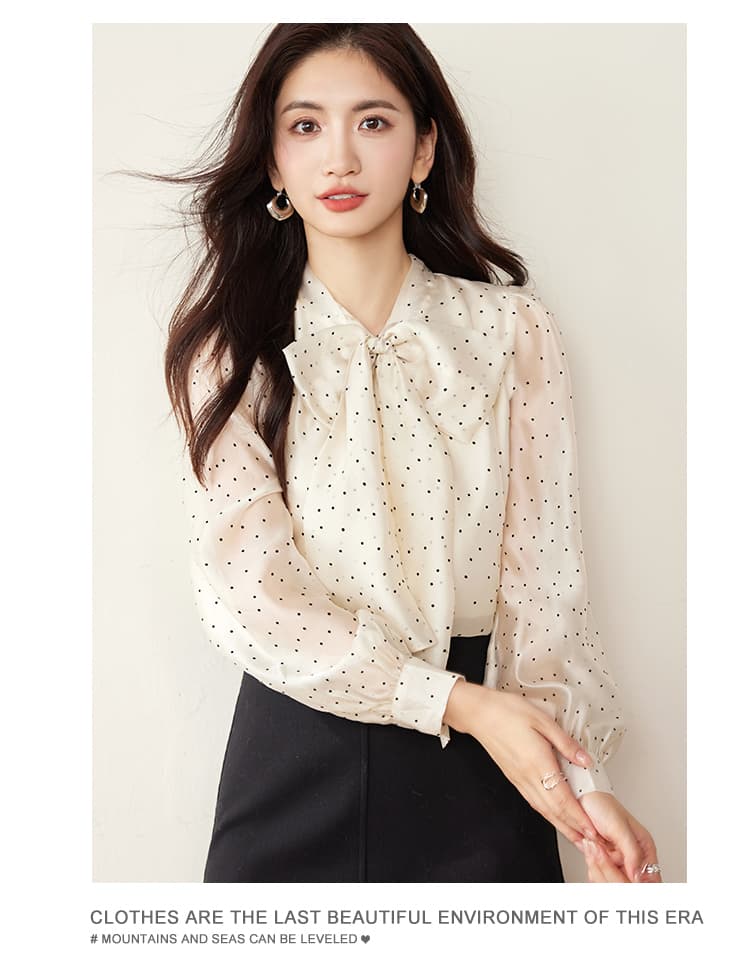 실사 2569 프랑스식 레트로 도트 무늬 리본 여성 셔츠 2026 가을 의상 새로운 패션 나비 매듭 쉬폰 긴팔 상세 이미지 11