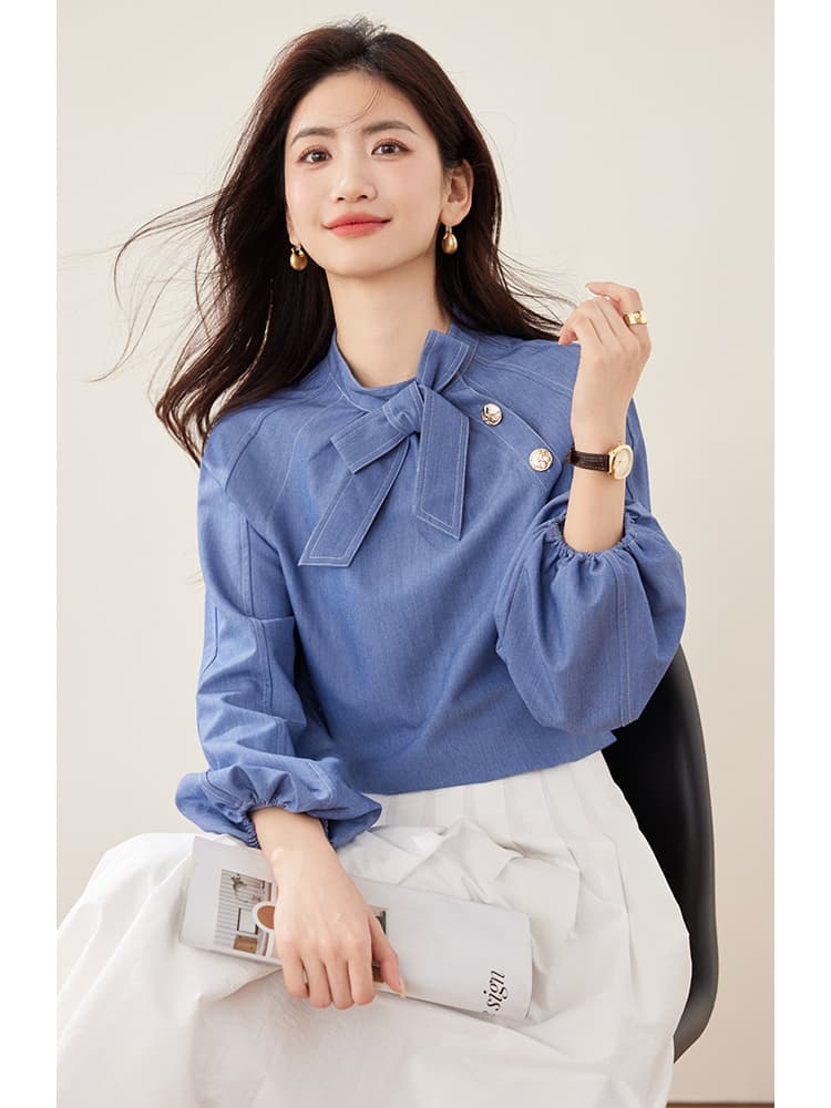 실사 2593 천 금빛 바람 고급 센스 디자인 센스 벌룬 소매 여성 셔츠 패션 풀오버 나비 매듭 품격 맨위 이미지 3