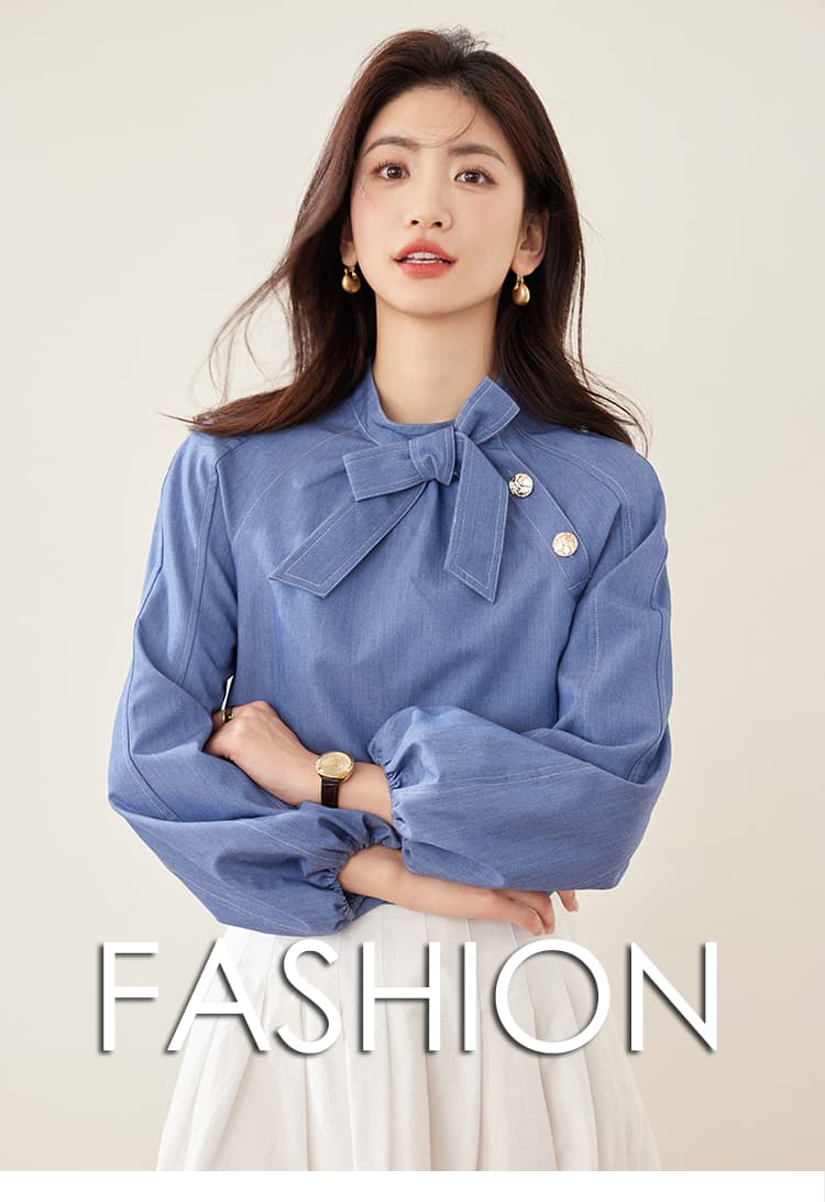실사 2593 천 금빛 바람 고급 센스 디자인 센스 벌룬 소매 여성 셔츠 패션 풀오버 나비 매듭 품격 맨위 상세 이미지 1