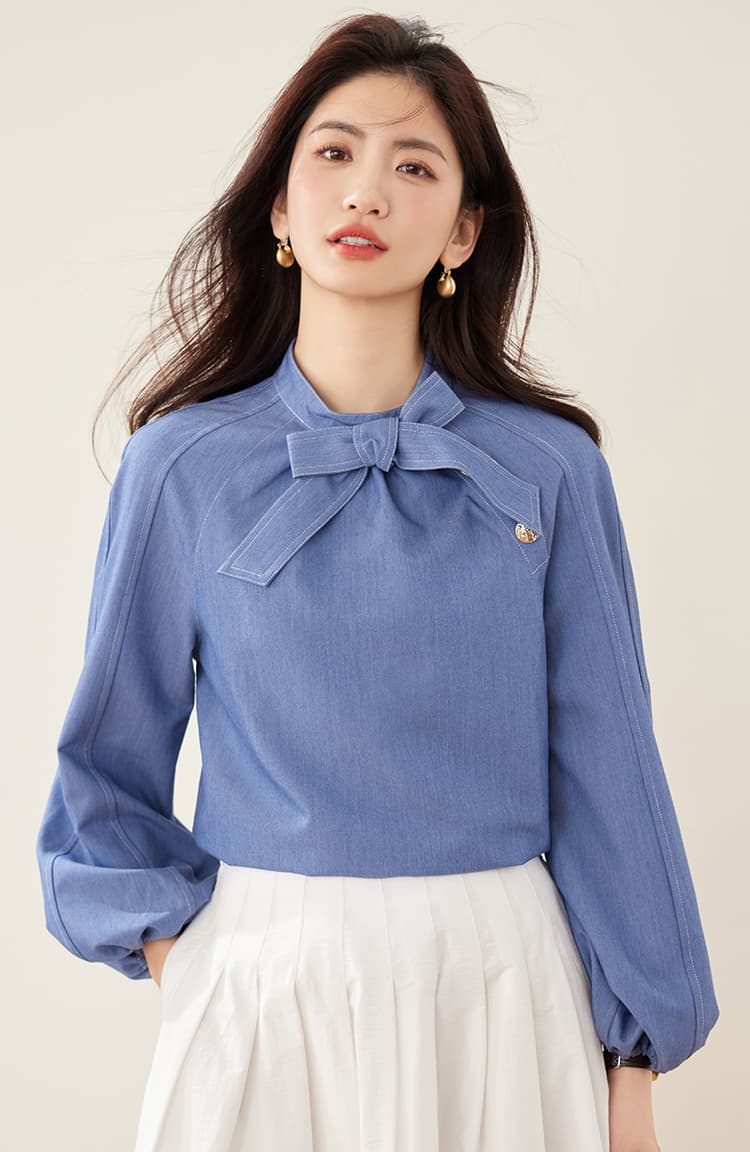 실사 2593 천 금빛 바람 고급 센스 디자인 센스 벌룬 소매 여성 셔츠 패션 풀오버 나비 매듭 품격 맨위 상세 이미지 8
