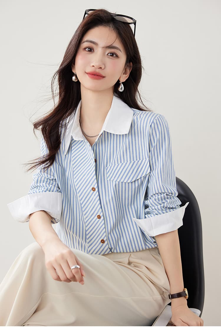 실사 스트라이프 여성 셔츠 2026 가을 의상 새로운 프랑스식 루즈핏 긴팔 레트로 패치워크 품격 맨위 상세 이미지 11
