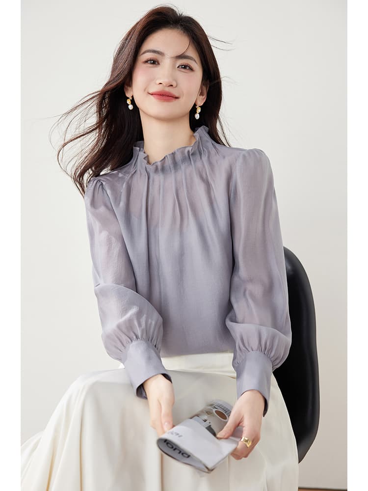 실사 2026 가을 의상 새로운 레트로 풀오버 스탠드 칼라 패션 품격 고급 센스 직장 셔츠 맨위