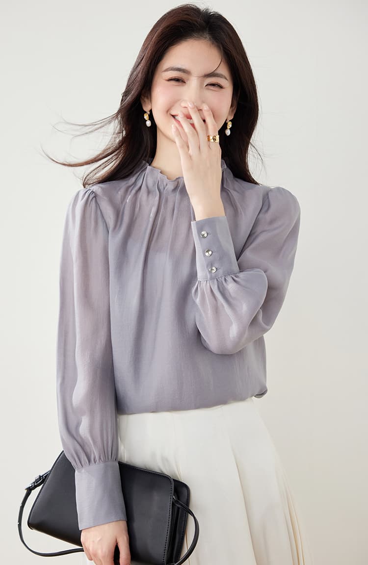 실사 2026 가을 의상 새로운 레트로 풀오버 스탠드 칼라 패션 품격 고급 센스 직장 셔츠 맨위 상세 이미지 8