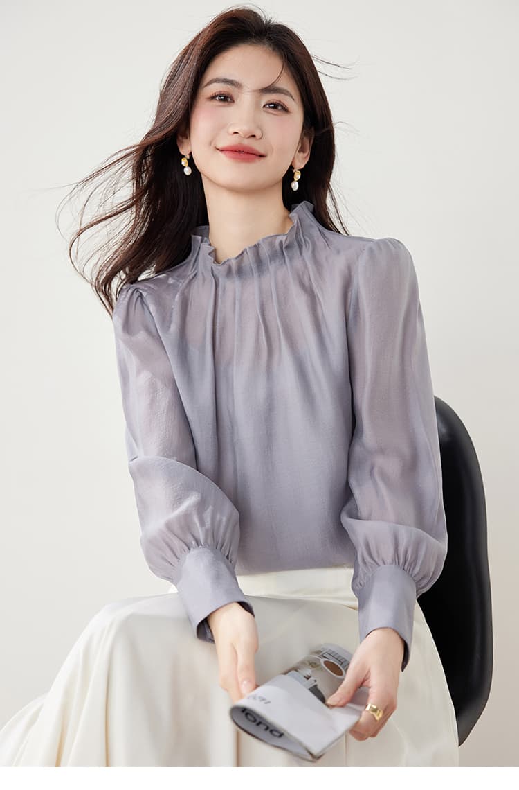 실사 2026 가을 의상 새로운 레트로 풀오버 스탠드 칼라 패션 품격 고급 센스 직장 셔츠 맨위 상세 이미지 11