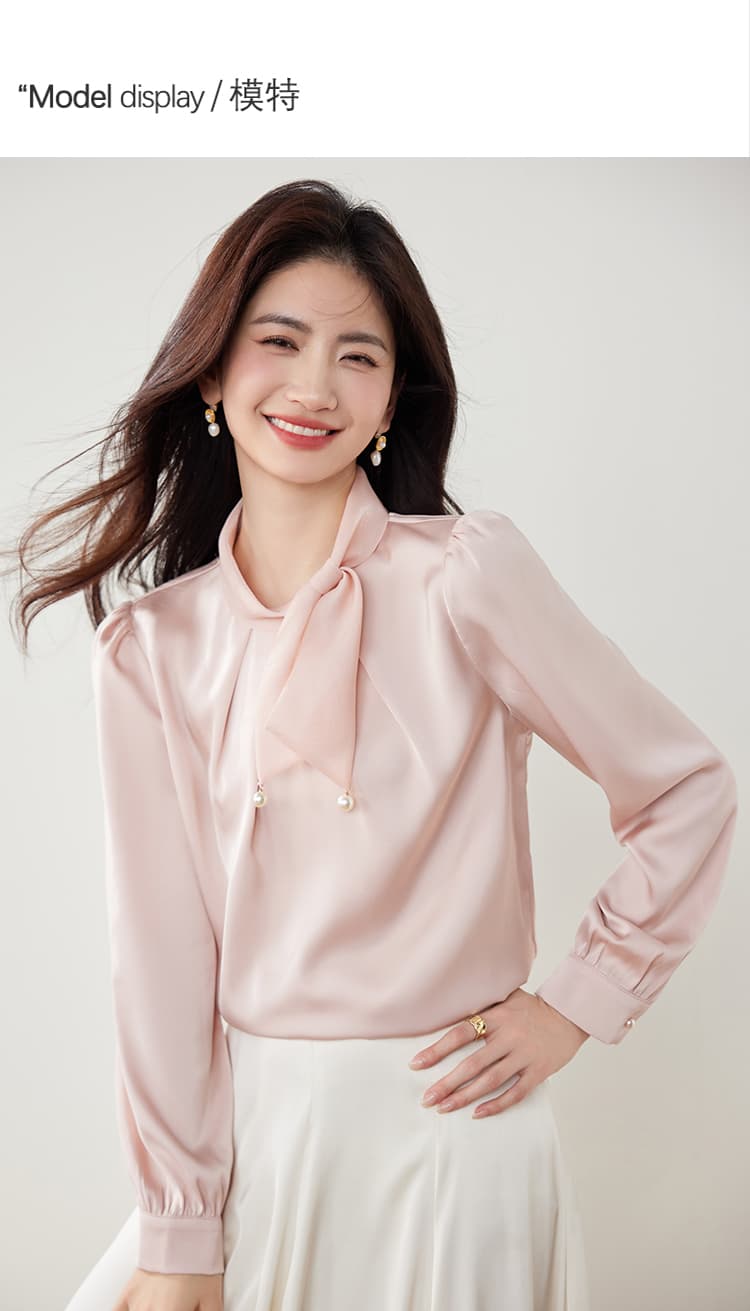 실사 2600 핑크색 새틴 배색 여성 셔츠 2026 가을 의상 새로운 풀오버 달콤함 프랑스식 나비 매듭 맨위 상세 이미지 4