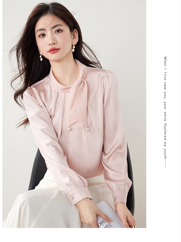 실사 2600 핑크색 새틴 배색 여성 셔츠 2026 가을 의상 새로운 풀오버 달콤함 프랑스식 나비 매듭 맨위 상세 이미지 10