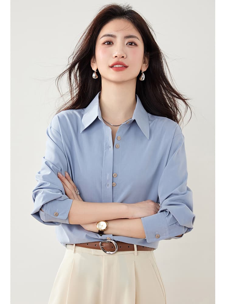 실사 2598 프랑스식 파란색 여성 셔츠 2026 가을 의상 새로운 고급 센스 경력 출퇴근 긴팔 순면 맨위