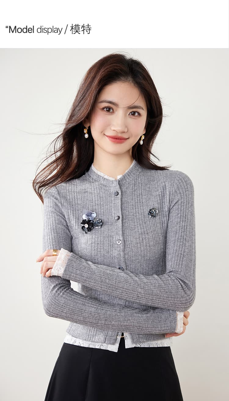 실사 레이스 쉬폰 블라우스 맨위 패치워크 2026 가을 의상 새로운 오픈 가디건 프랑스식 천 금빛 바람 셔츠 상세 이미지 4