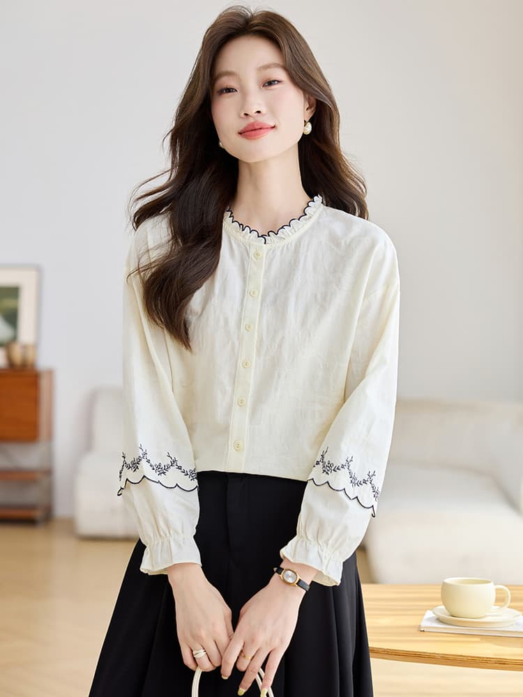 실사 프랑스식 프릴 자수 순면 여성 셔츠 2026 가을 의상 새로운 품격 나팔 소매 맨위