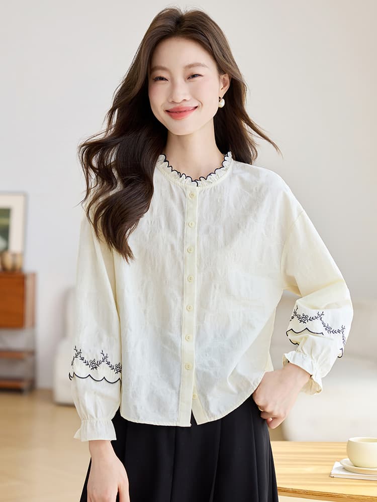 실사 프랑스식 프릴 자수 순면 여성 셔츠 2026 가을 의상 새로운 품격 나팔 소매 맨위 이미지 3