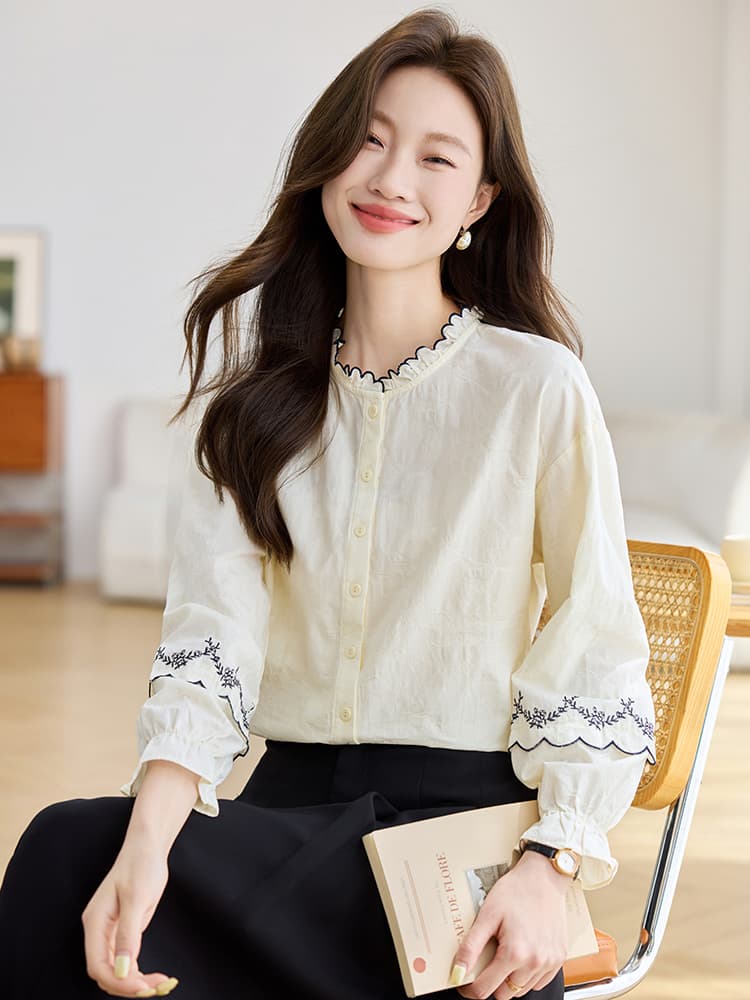 실사 프랑스식 프릴 자수 순면 여성 셔츠 2026 가을 의상 새로운 품격 나팔 소매 맨위 이미지 2