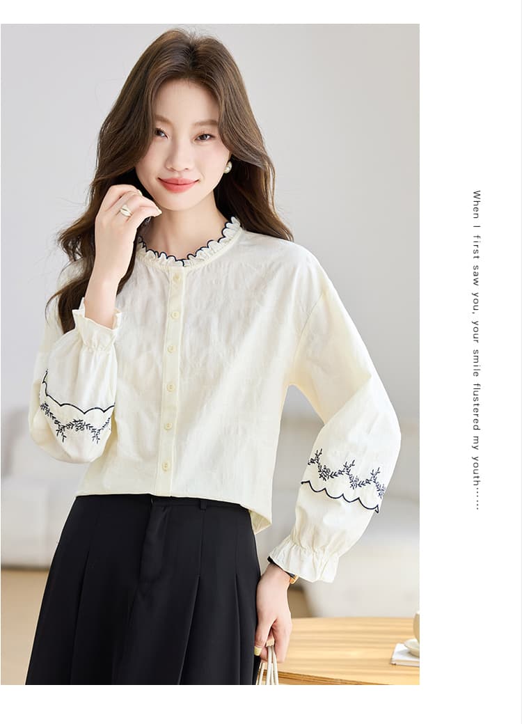 실사 프랑스식 프릴 자수 순면 여성 셔츠 2026 가을 의상 새로운 품격 나팔 소매 맨위 상세 이미지 6