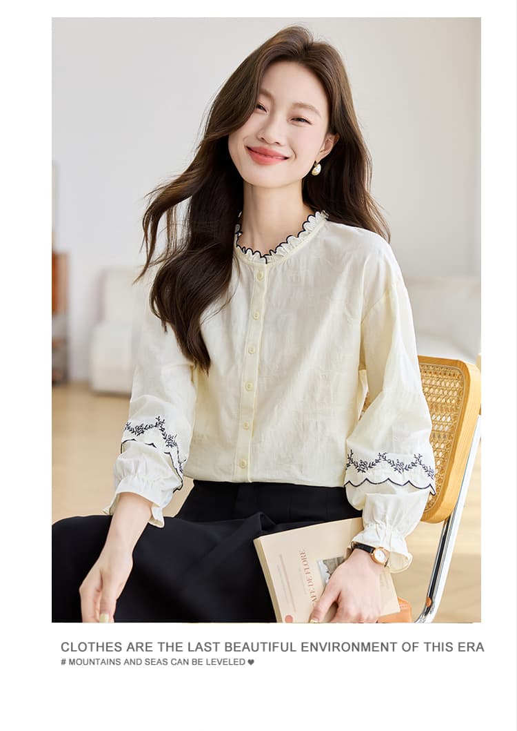 실사 프랑스식 프릴 자수 순면 여성 셔츠 2026 가을 의상 새로운 품격 나팔 소매 맨위 상세 이미지 9