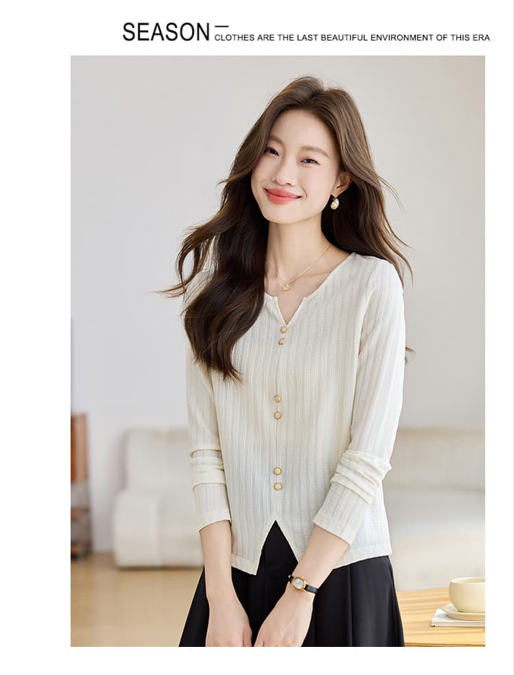 실사 살구 색상 V넥 여성 셔츠 2026 가을 의상 새로운 풀오버 미니멀리즘 디자인 센스 다용도 맨위 작은 셔츠 상세 이미지 5