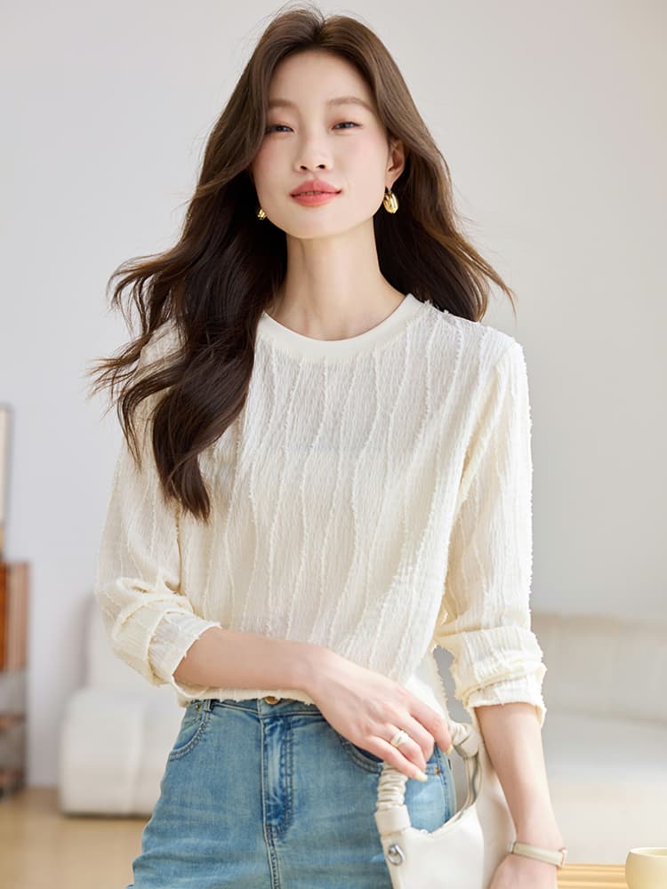 실사 살구 색상 여성 셔츠 2026 가을 의상 새로운 풀오버 질감 센스 미니멀리즘 다용도 디자인 센스 맨위 이미지 2