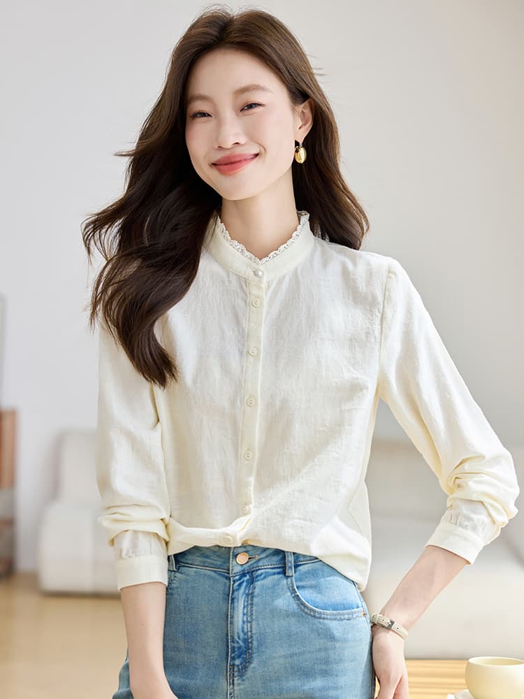 실사 8955 프릴 스탠드 칼라 여성 순면 여성 셔츠 2026 가을 의상 새로운 프랑스식 긴팔 품격 맨위 이미지 2