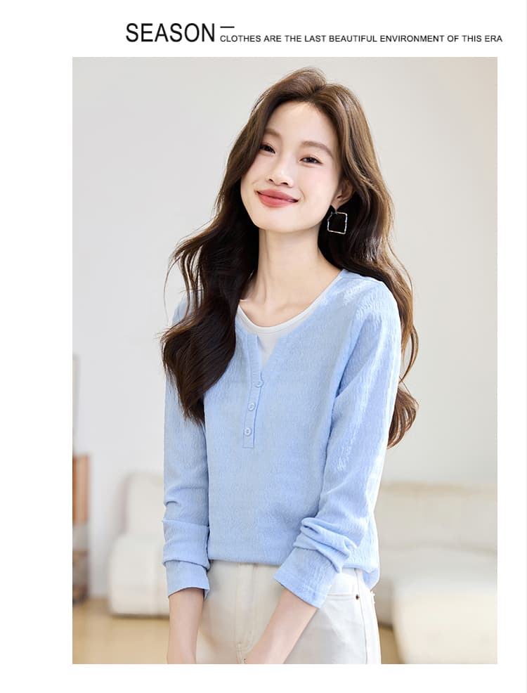 실사 페이크 레이어드 패치워크 긴팔 T 여성 2026 가을 의상 새로운 풀오버 질감 센스 다용도 쉬폰 블라우스 상세 이미지 5