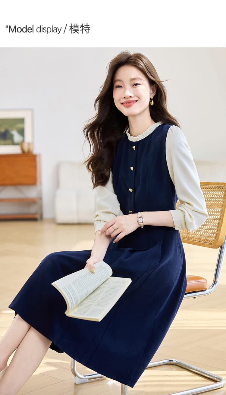 실사 프랑스식 그는 벤 작은 샤넬 스타일 여성 드레스 2026 가을 의상 새로운 레트로 긴팔 페이크 레이어드 치마 상세 이미지 4