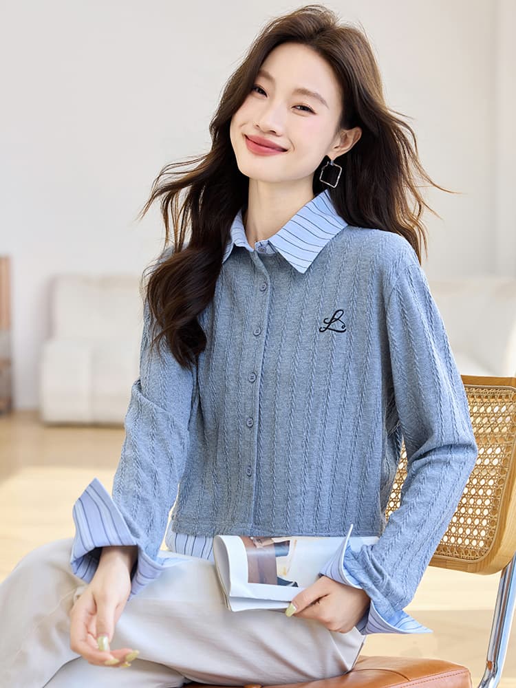 실사 8962 패션 회색 POLO 칼라 니트 스웨터 여성 2026 가을 의상 새로운 스트라이프 패치워크 페이크 레이어드 맨위 이미지 4