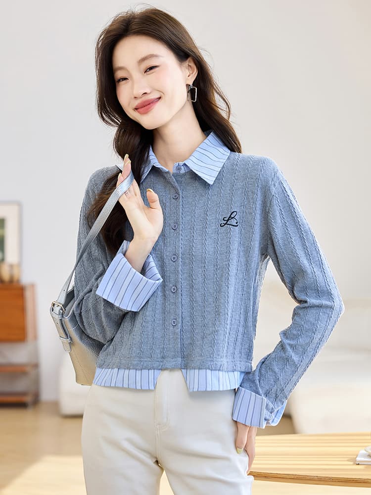 실사 8962 패션 회색 POLO 칼라 니트 스웨터 여성 2026 가을 의상 새로운 스트라이프 패치워크 페이크 레이어드 맨위 이미지 2