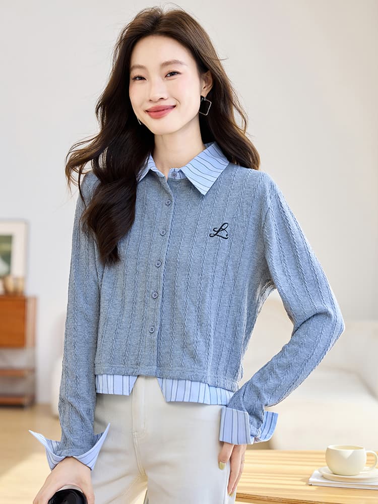 실사 8962 패션 회색 POLO 칼라 니트 스웨터 여성 2026 가을 의상 새로운 스트라이프 패치워크 페이크 레이어드 맨위 이미지 3