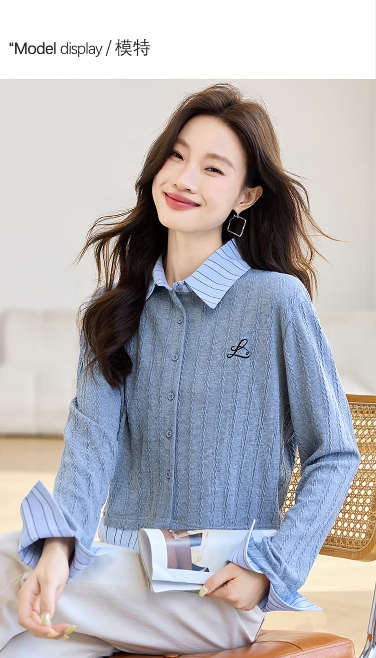 실사 8962 패션 회색 POLO 칼라 니트 스웨터 여성 2026 가을 의상 새로운 스트라이프 패치워크 페이크 레이어드 맨위 상세 이미지 4