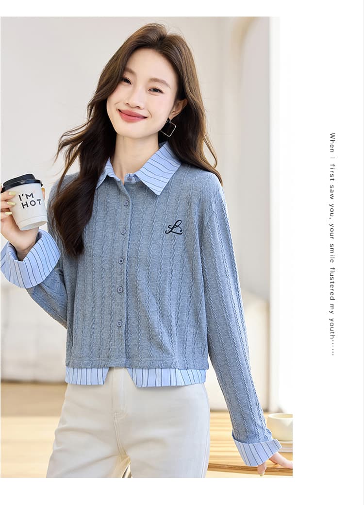 실사 8962 패션 회색 POLO 칼라 니트 스웨터 여성 2026 가을 의상 새로운 스트라이프 패치워크 페이크 레이어드 맨위 상세 이미지 6