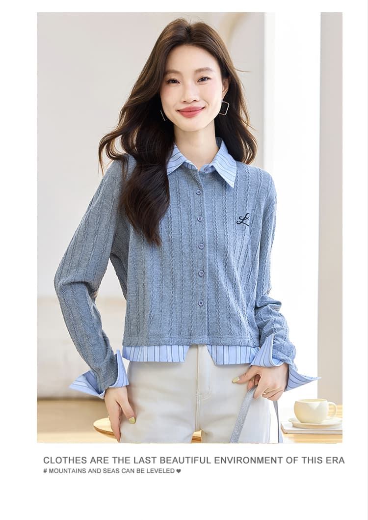 실사 8962 패션 회색 POLO 칼라 니트 스웨터 여성 2026 가을 의상 새로운 스트라이프 패치워크 페이크 레이어드 맨위 상세 이미지 9