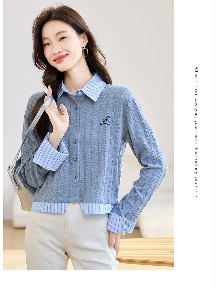 실사 8962 패션 회색 POLO 칼라 니트 스웨터 여성 2026 가을 의상 새로운 스트라이프 패치워크 페이크 레이어드 맨위 상세 이미지 10