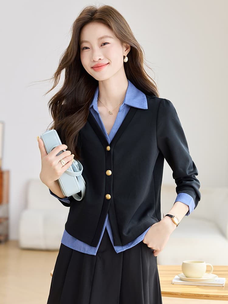 실사 페이크 레이어드 패치워크 색상 긴팔 여성 셔츠 2026 가을 의상 새로운 V넥 디자인 센스 품격 맨위 이미지 3