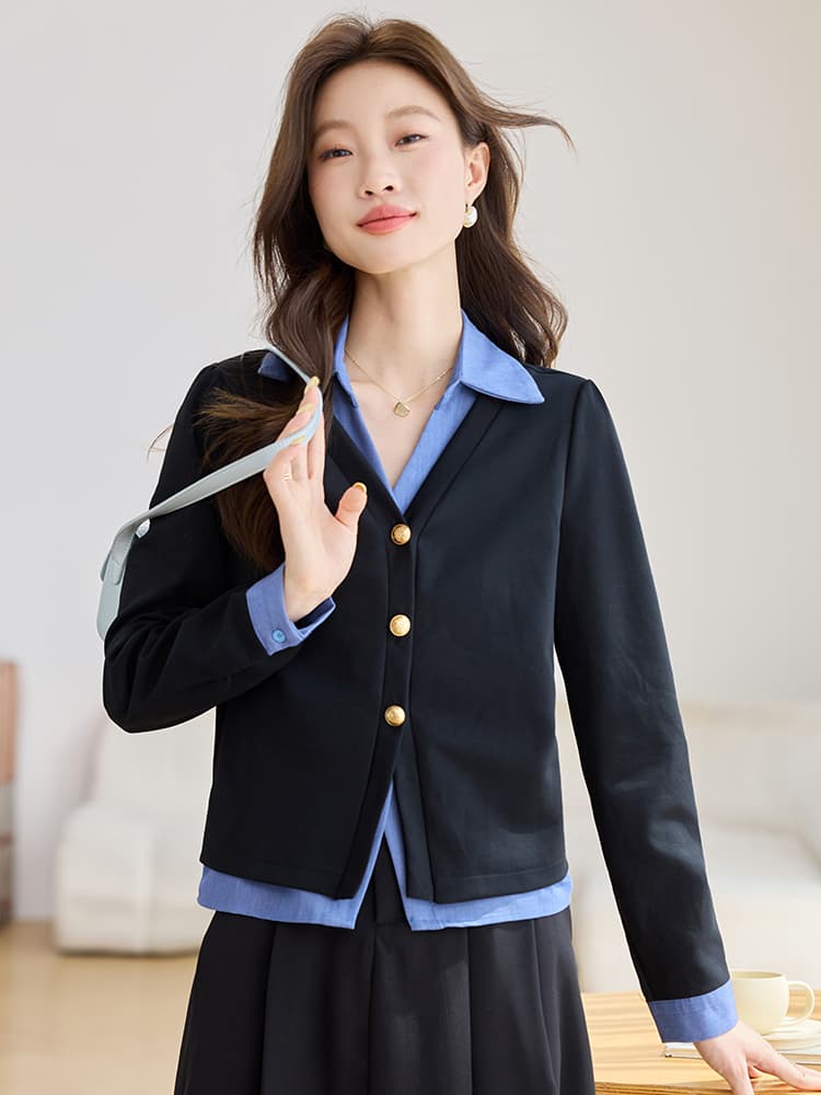 실사 페이크 레이어드 패치워크 색상 긴팔 여성 셔츠 2026 가을 의상 새로운 V넥 디자인 센스 품격 맨위 이미지 2