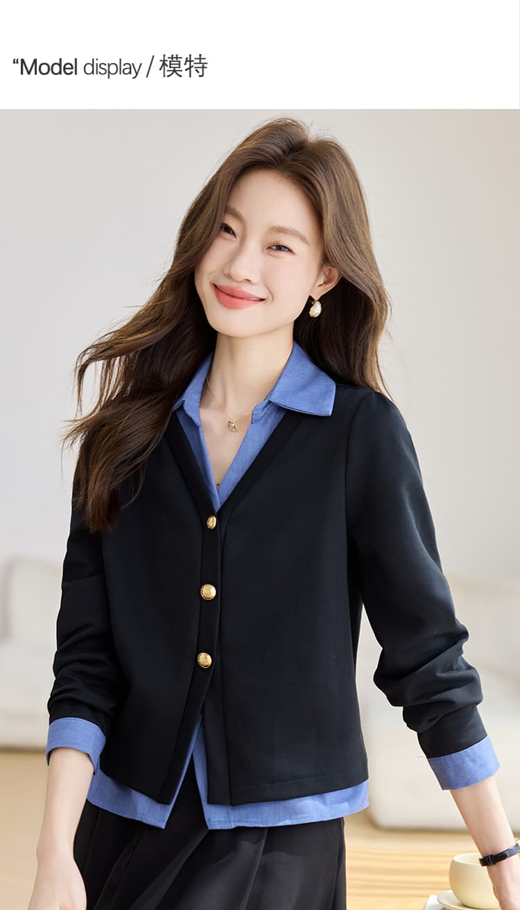 실사 페이크 레이어드 패치워크 색상 긴팔 여성 셔츠 2026 가을 의상 새로운 V넥 디자인 센스 품격 맨위 상세 이미지 4