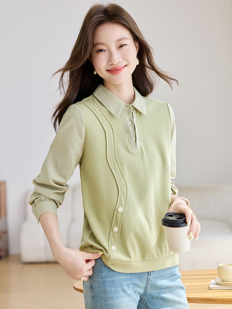 실사 셔츠 칼라 후드티 여성 2026 가을 의상 새로운 여성 패션 품격 페이크 레이어드 긴팔 맨위 이미지 2