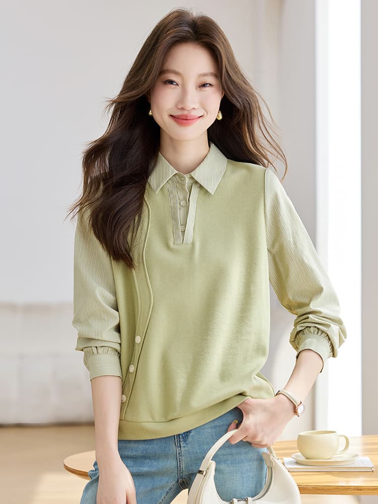 실사 셔츠 칼라 후드티 여성 2026 가을 의상 새로운 여성 패션 품격 페이크 레이어드 긴팔 맨위 이미지 4